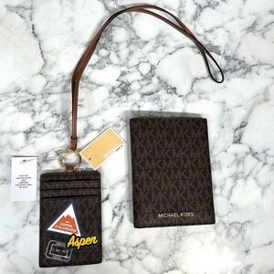 Michael Kors Brown Jet Set Travel Signature ID Lanyard Passport Wallet Set Aspen